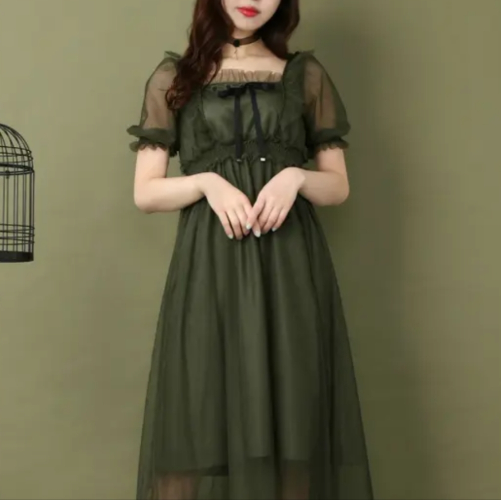 Japanese Long Tulle Ribbon Dress Green Lolita Doll